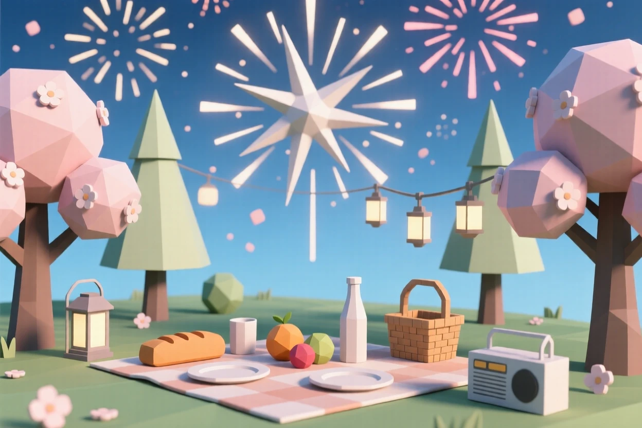 A summer picnic spread beneath blossoming trees, beneath a sky full of fireworks. small charming details enrich the festive setting. A gentle sense of togetherness fills the scene.