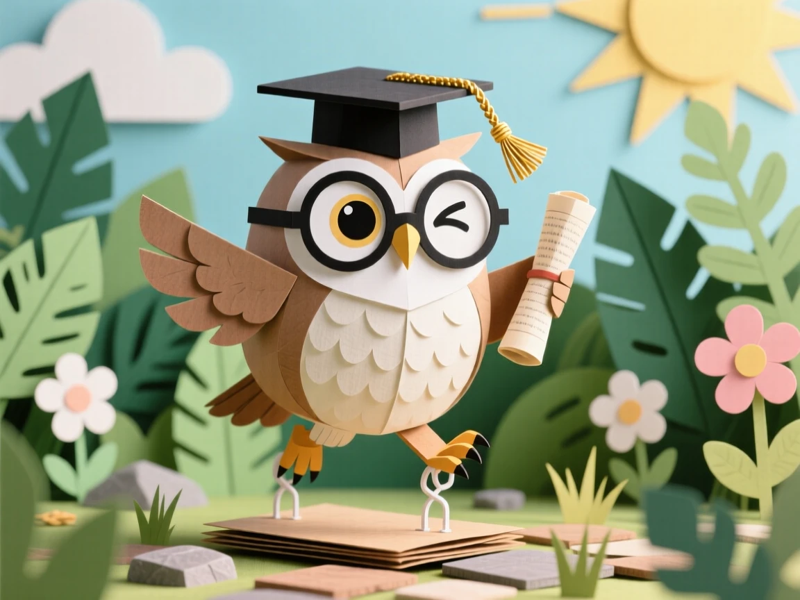A spectacled owl scholar bouncing through a sunlit garden, with a comically cross-eyed expression, capturing joyful, lighthearted wonder.