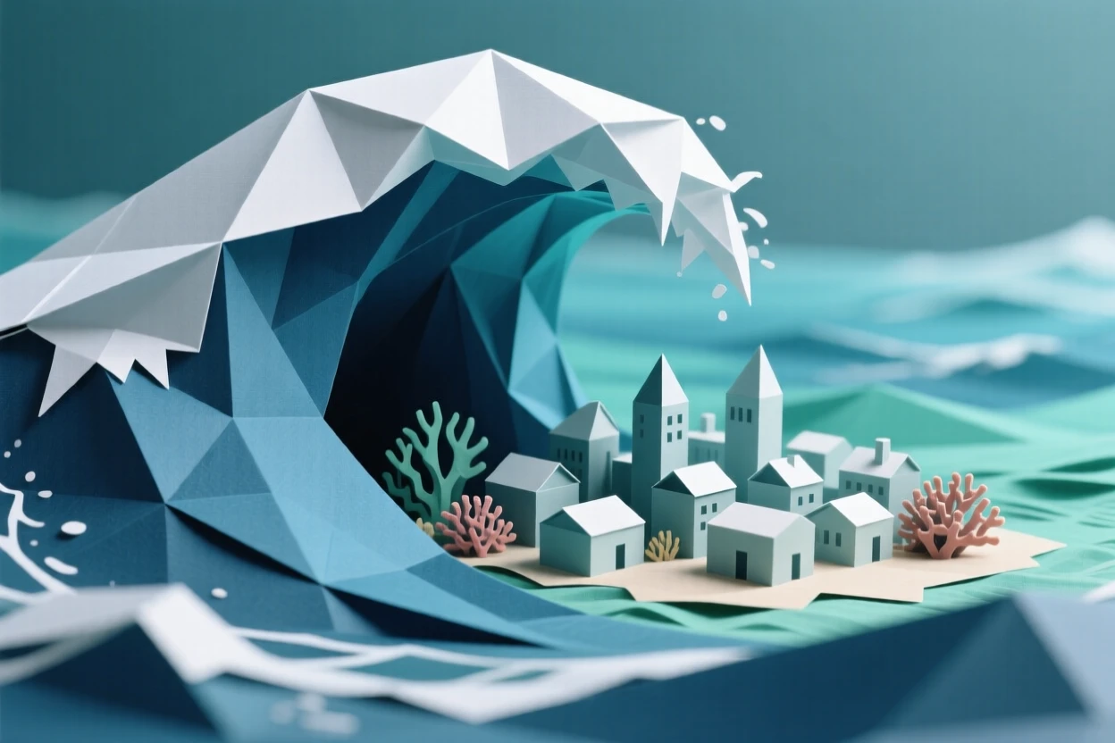 A single wave frozen mid-crash, revealing a hidden reef city within its curl.
