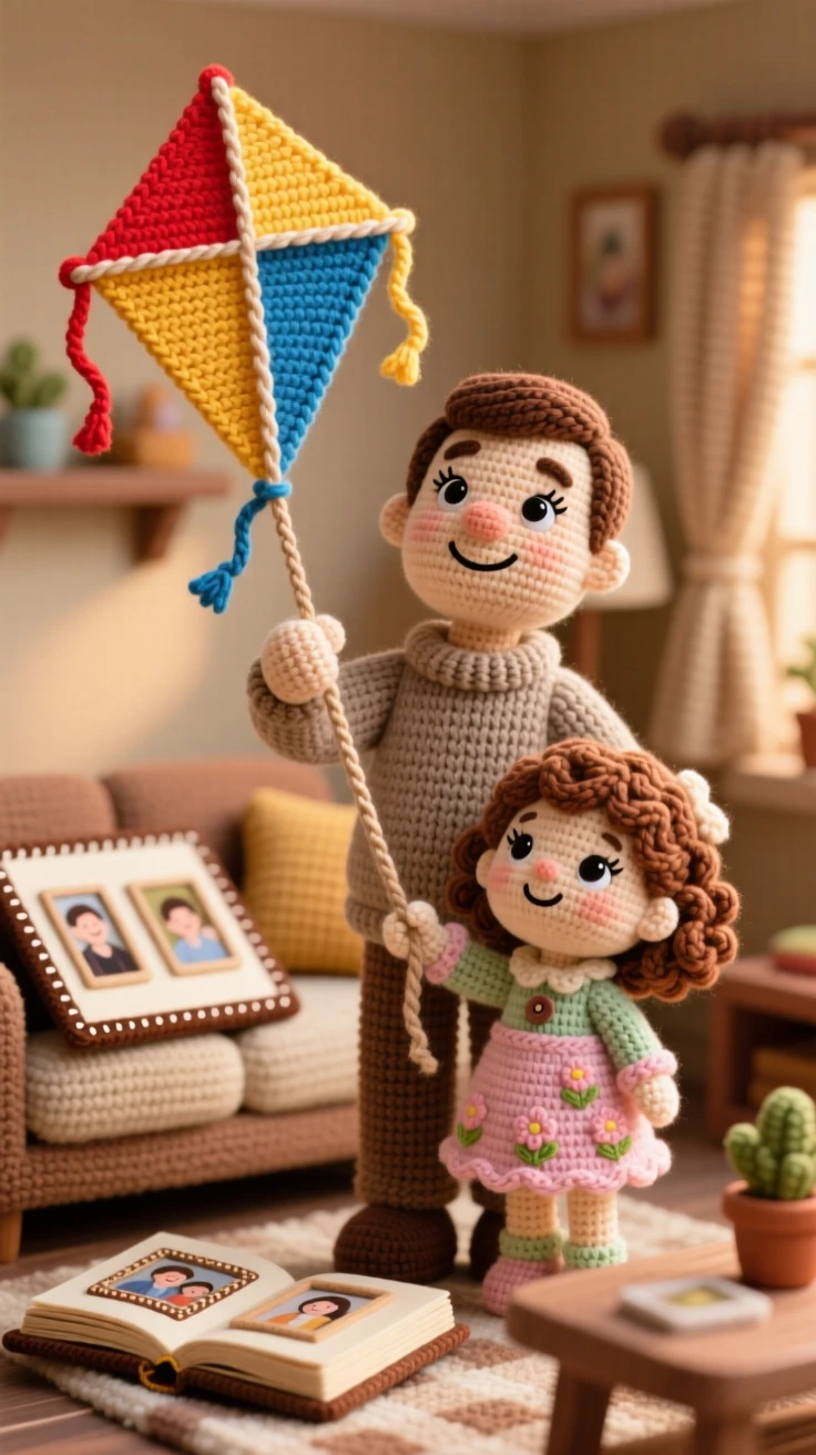A heartwarming family moment: a father teaching his daughter to fly a kite both looking up with delight, watching it climb higher into the sky within a warm and welcoming family living room; a worn but beloved family photo album nearby, full of quiet tenderness between generations.