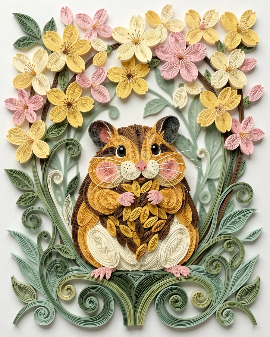 a hamster stuffing its cheeks with sunflower seeds beneath a canopy of cherry blossom petals, in a palette of buttery yellow and sage green, centered with soft blurred greenery in the background.