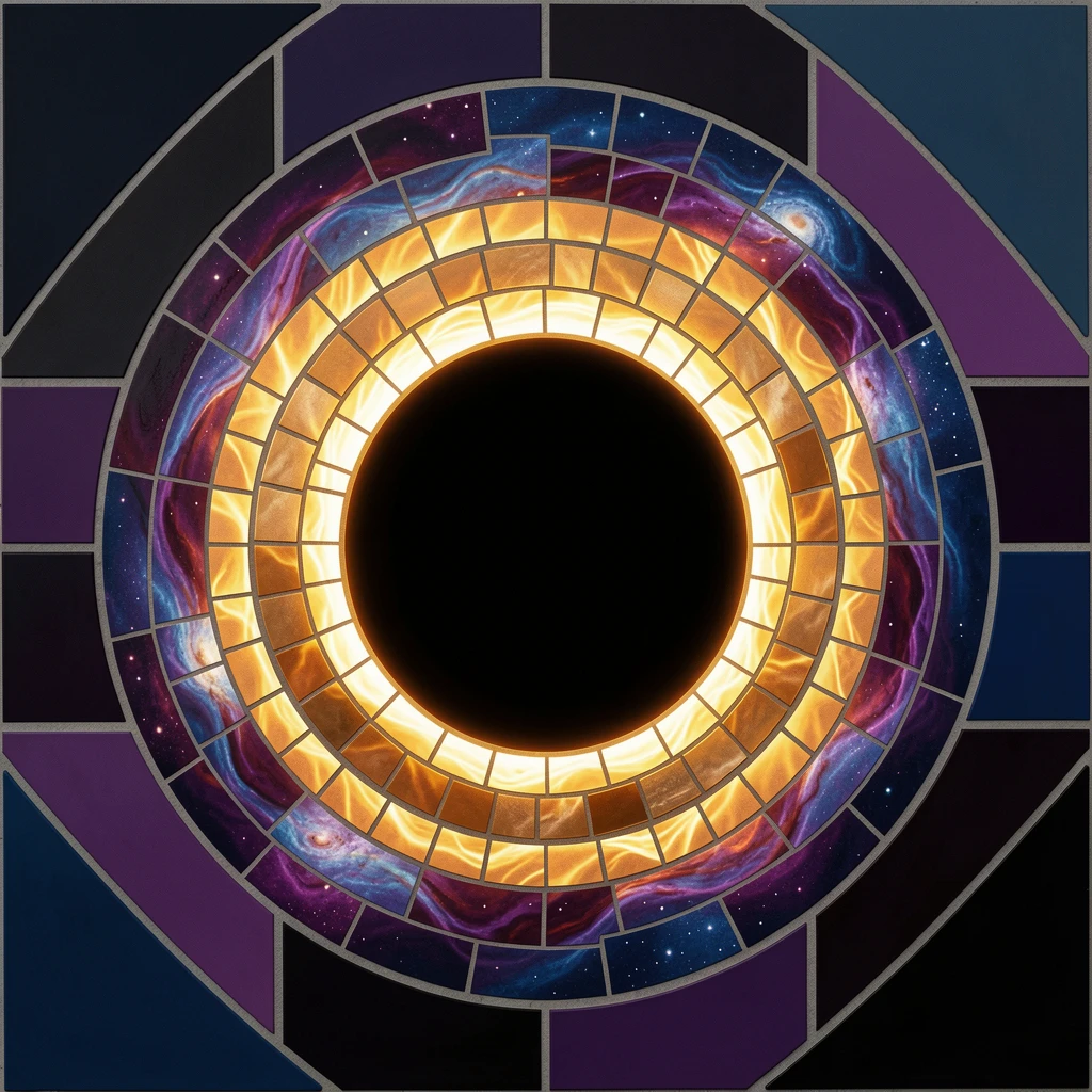 A dramatic close view of a dramatic solar eclipse with a glowing golden ring around darkness, glowing with rich cosmic color.