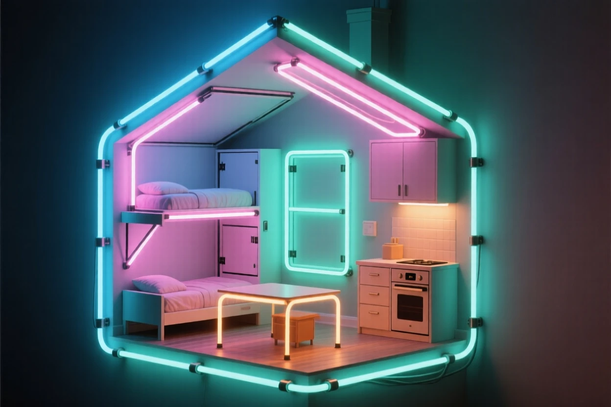 A tiny house interior cleverly fitted with fold-away furniture.
