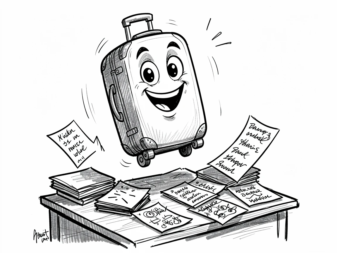 A suitcase eagerly packed for a trip above a desk covered in notes.