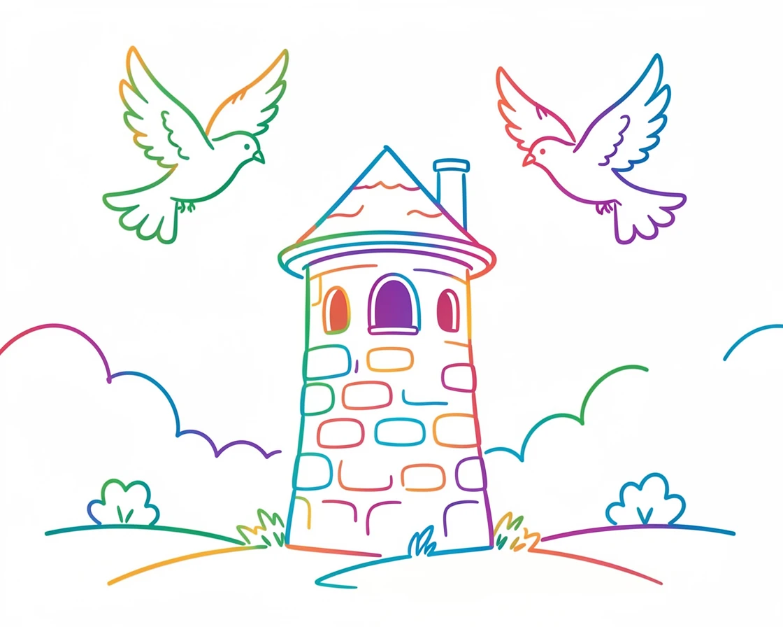 A quiet countryside dovecote with birds circling above a stone tower.