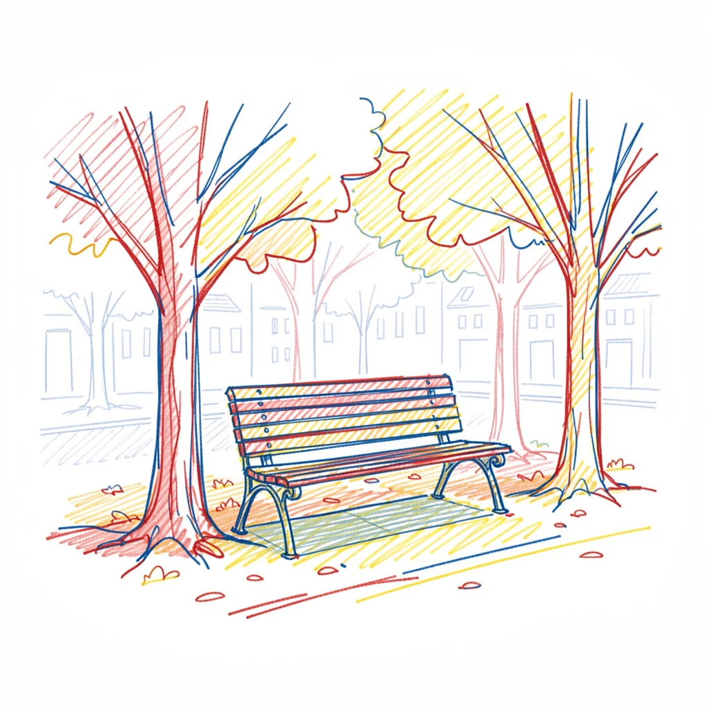 A quiet park bench beneath autumn trees in the middle of a busy city