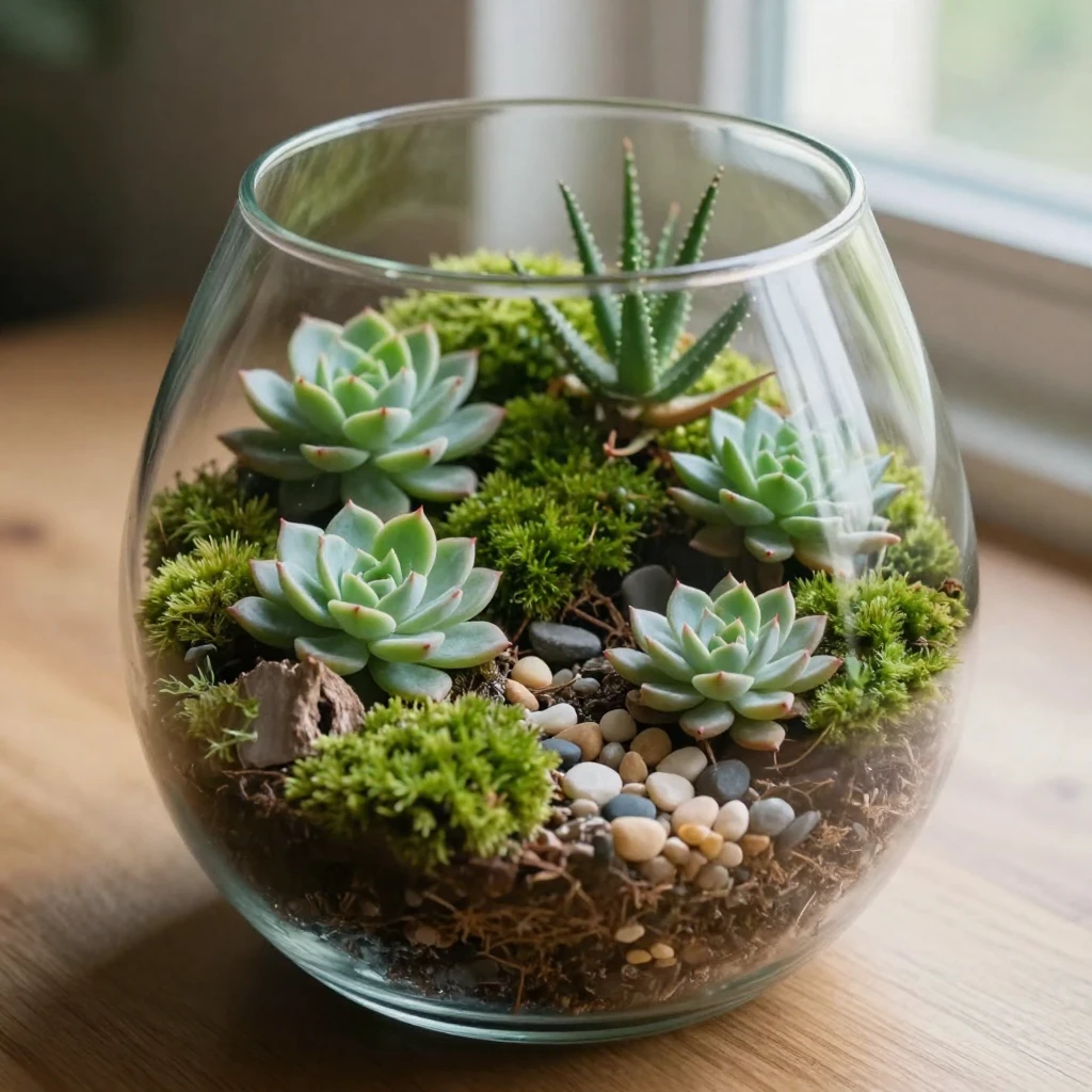A terrarium filled with tiny succulents and moss