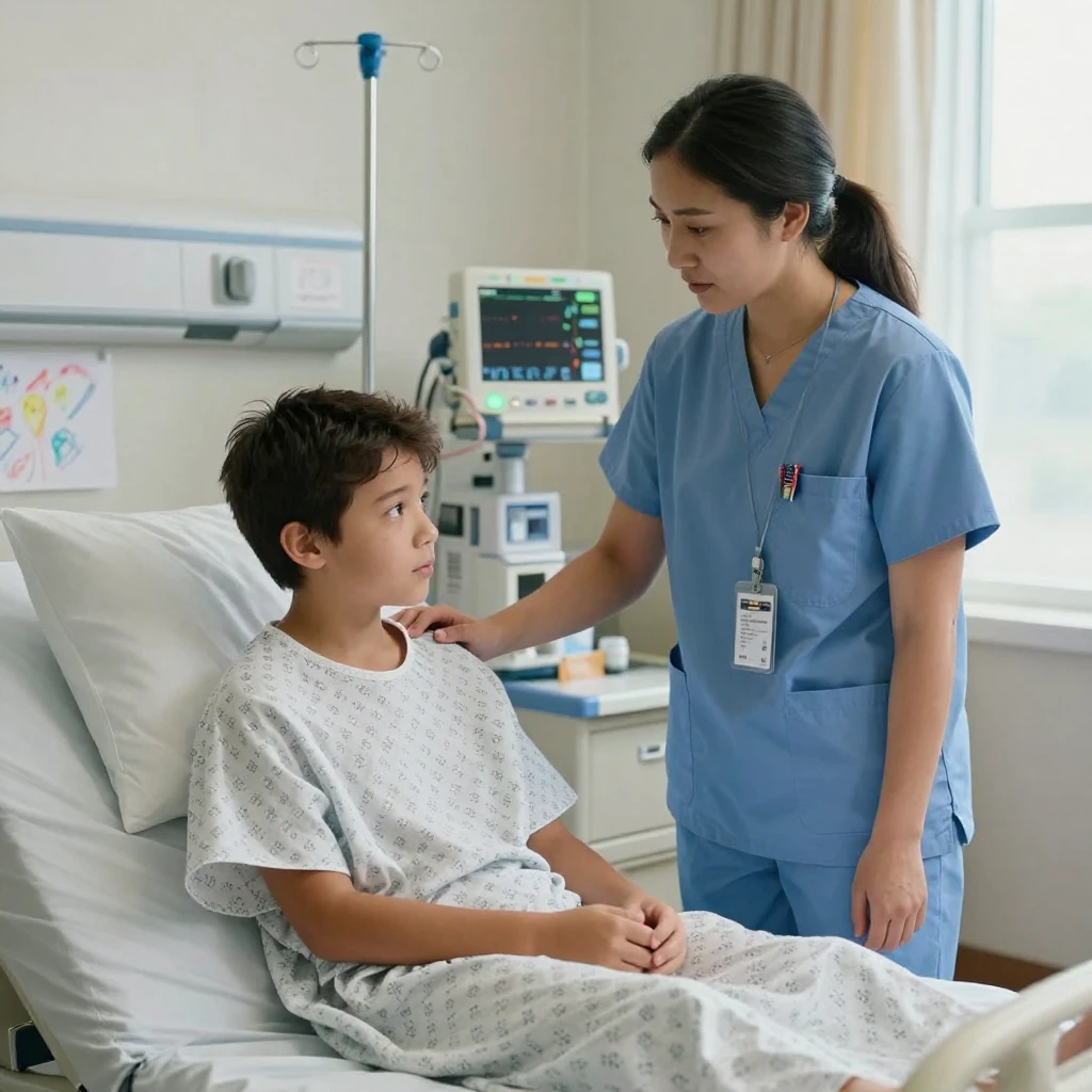 A nurse comforts a young patient with a gentle hand on their shoulder in a hospital room.