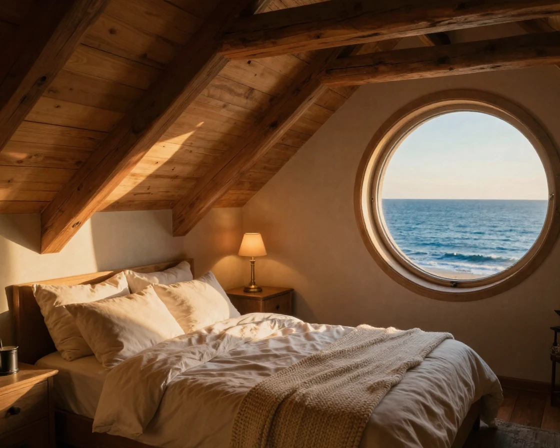 A cozy attic bedroom with slanted wooden beams and a round window overlooking the sea