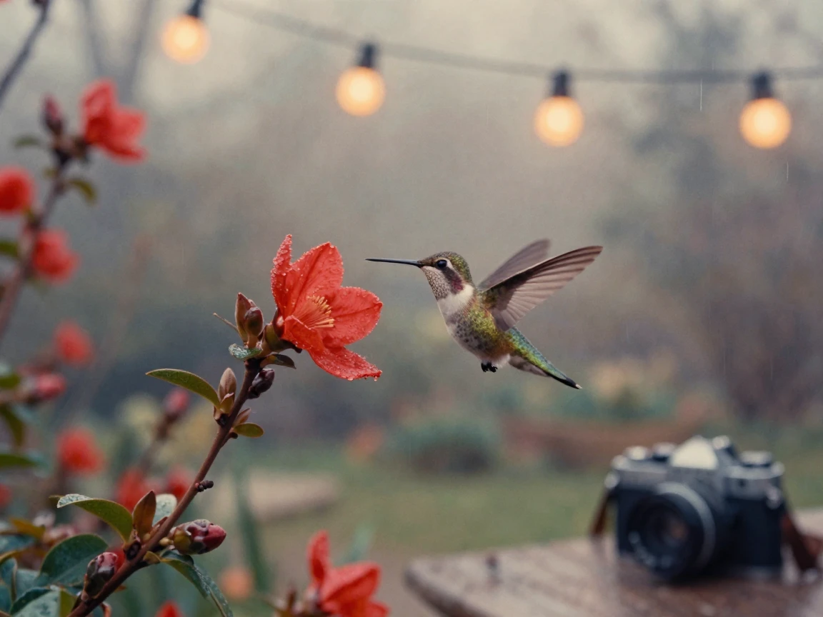 A hummingbird hovering beside a bright red flower, under strings of warm string lights, under a light drizzle, in early spring, in soft muted pastels, from a wide establishing view.
