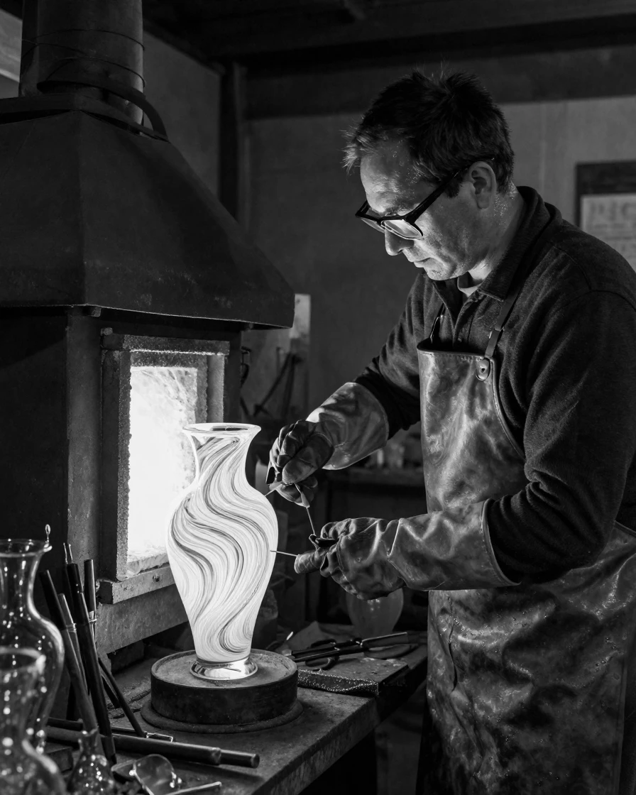 A glassblower shapes molten glass into a vase inside a glowing furnace workshop.