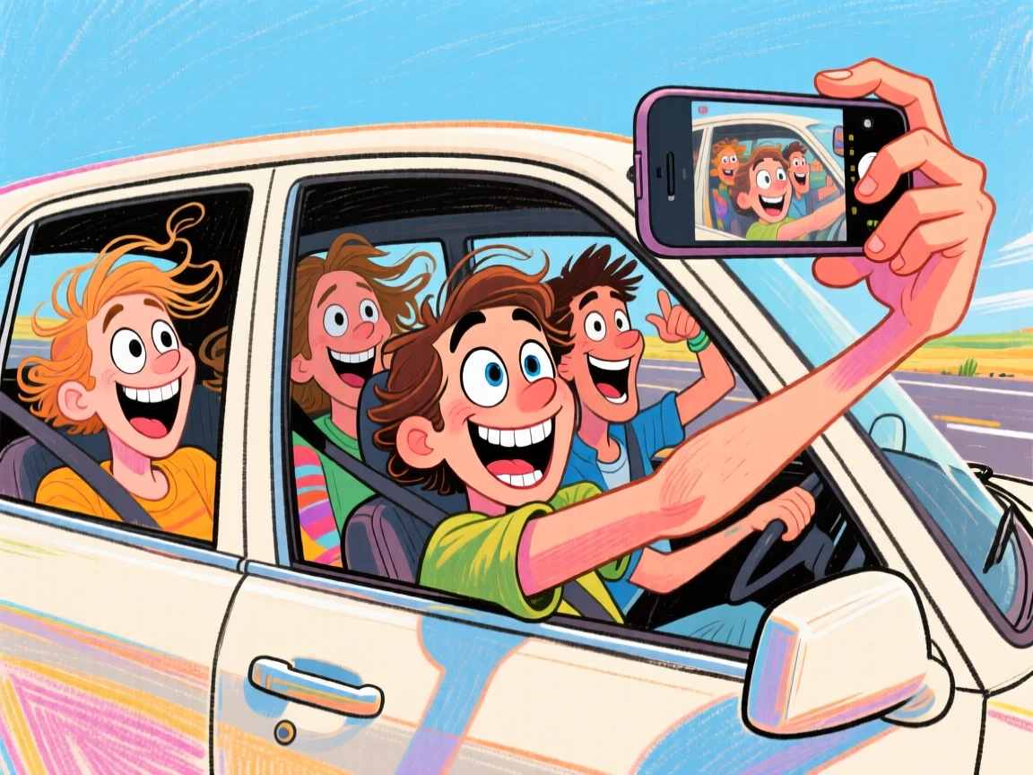 A group of friends road-tripping with the car windows down, phone capturing the moment.