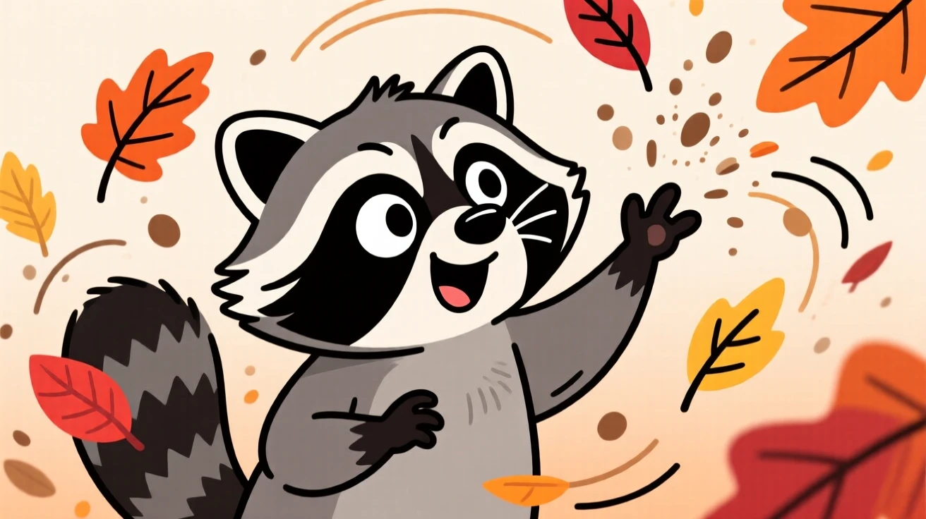 A charming animal moment featuring a curious raccoon striking a dramatically exaggerated pose, as leaves and dust scatter around it.