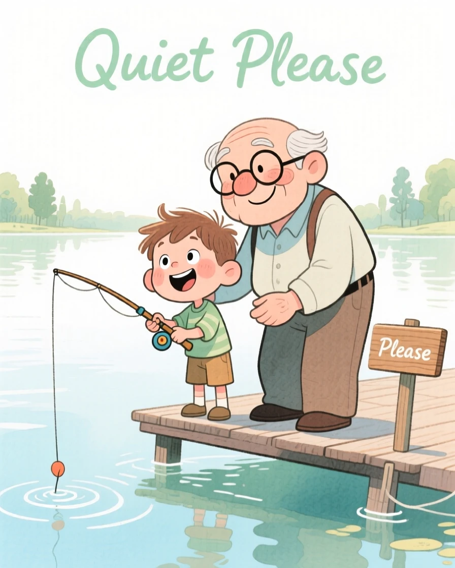 A heartwarming scene of a little boy fishing with his grandfather at a quiet lake