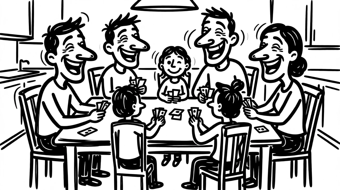 A family playing a card game together at the kitchen table, laughter all around.