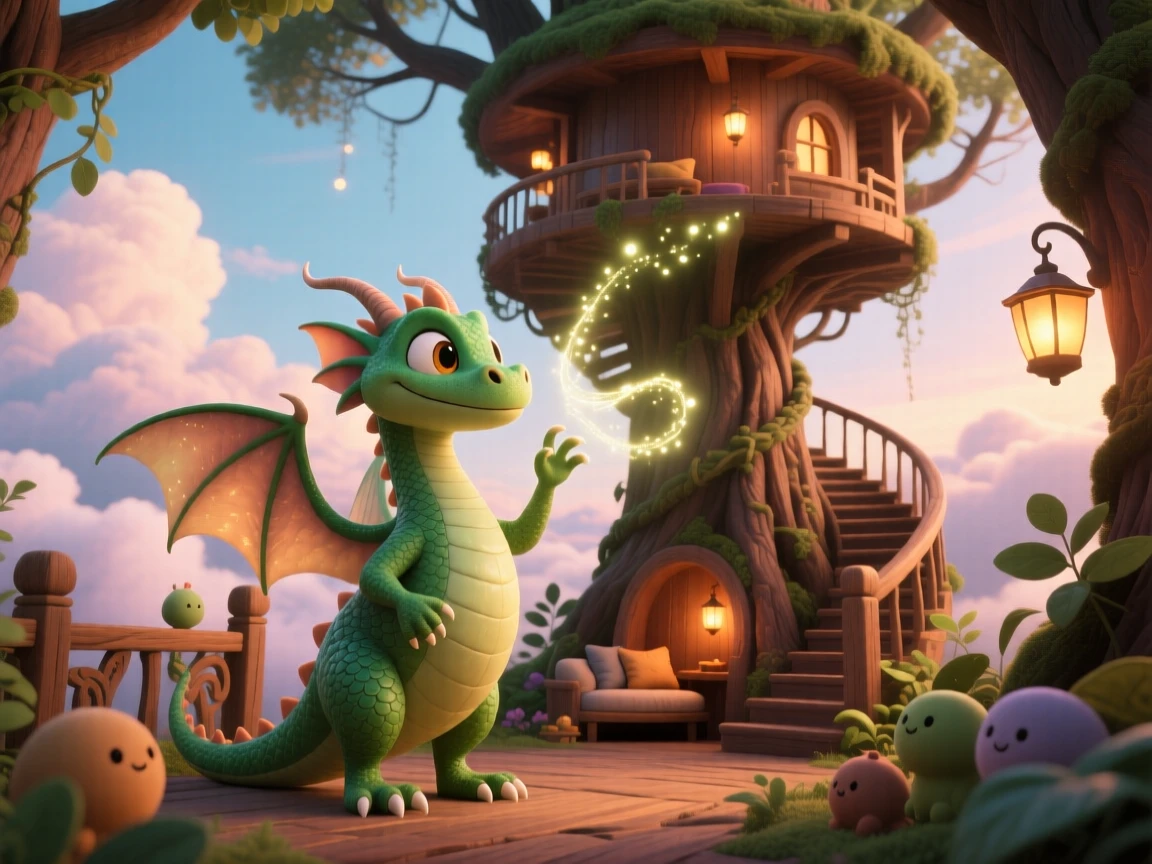 A gentle forest dragon stands inside a treehouse spiraling into the clouds, casting a gentle spell of light. The mood is enchanting, hopeful, and dreamlike, with soft glowing light illuminating every surface.
