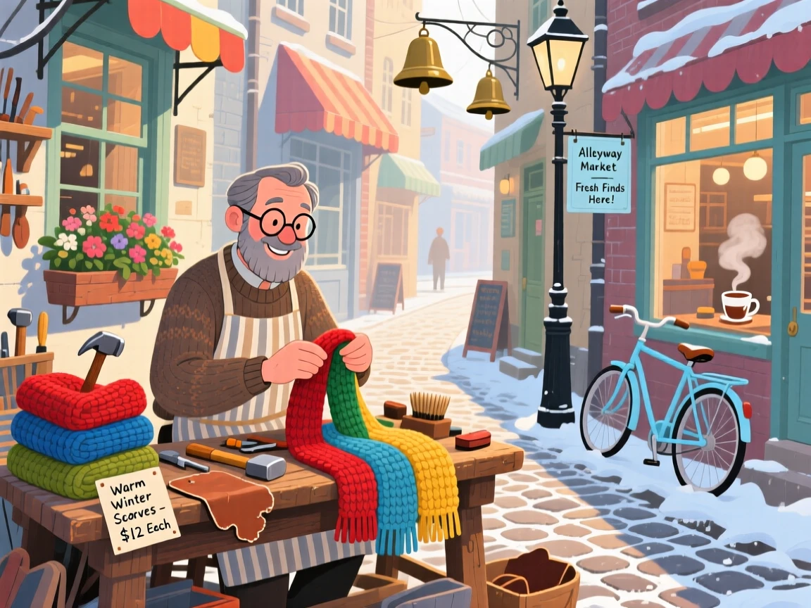 A shoemaker at his workbench spends the morning wrapping scarves for winter customers in a narrow alley lined with shops, as bicycle bells chime somewhere nearby.