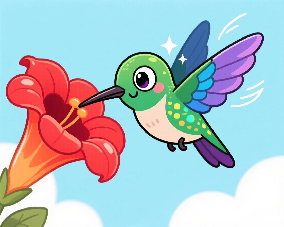 A hummingbird hovering beside a bright red trumpet flower.