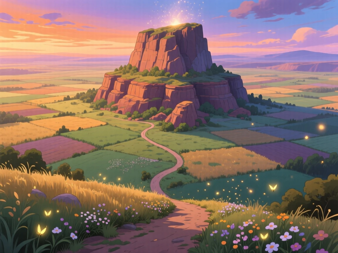 A breathtaking view of a dramatic mesa rising from flat plains, with a single winding dirt path leading into the distance, at dusk, shown from directly above like a patchwork quilt.