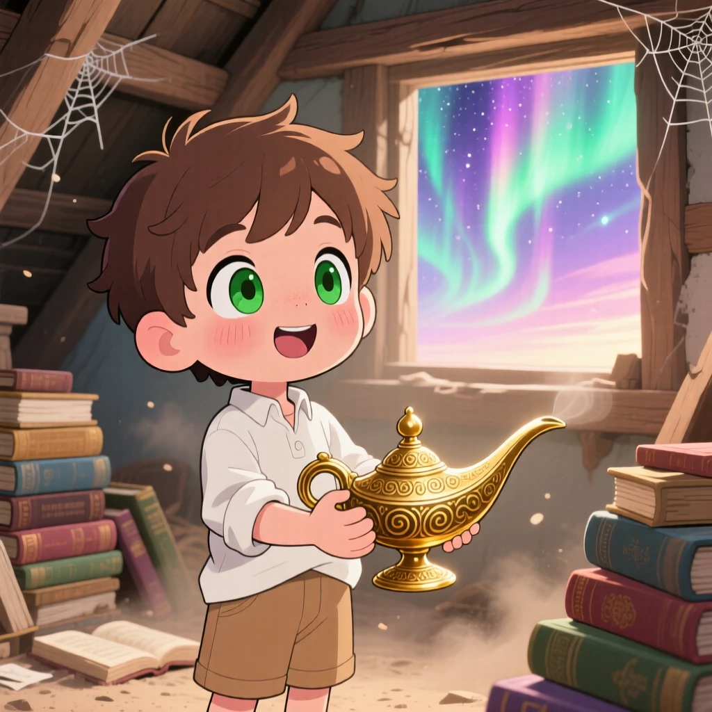 Extreme close-up: a small boy, discovering a genie's lamp in an attic, set against a dusty storybook attic beneath swirling aurora-lit skies, with soft pastel light of dawn and a mood of triumphant pride.