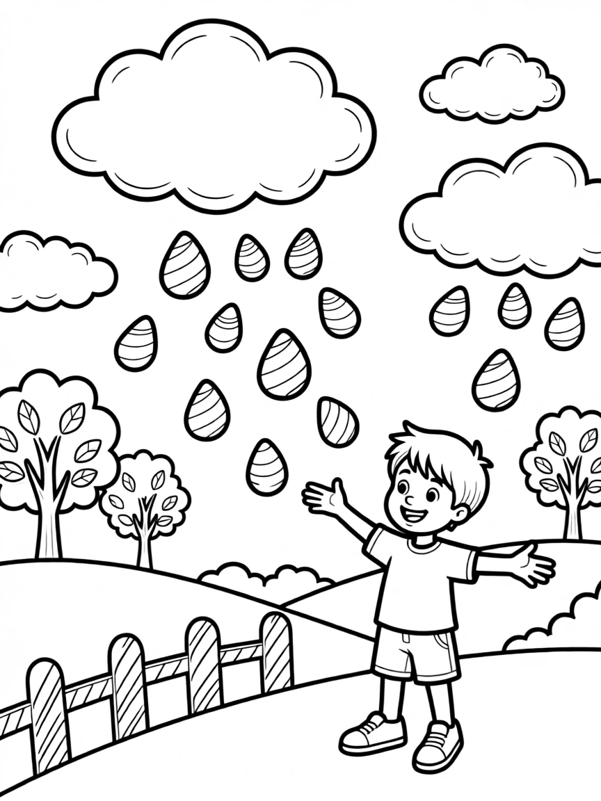 A world where it rains colorful gumdrops from candy clouds