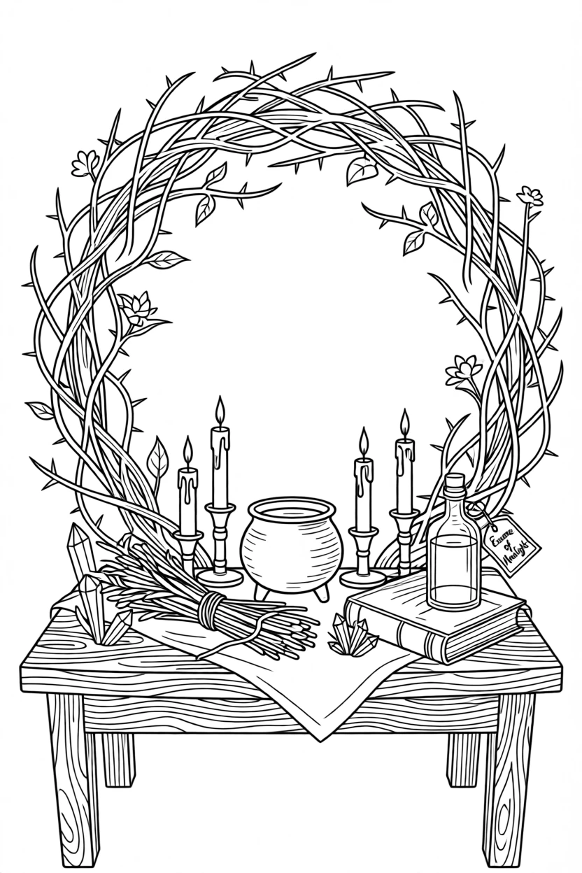 A witch's altar with candles, herbs, and a small cauldron, with tangled thorns forming an archway above.
