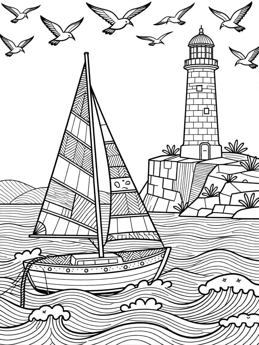 A single sailboat navigating gentle waves toward a lighthouse.