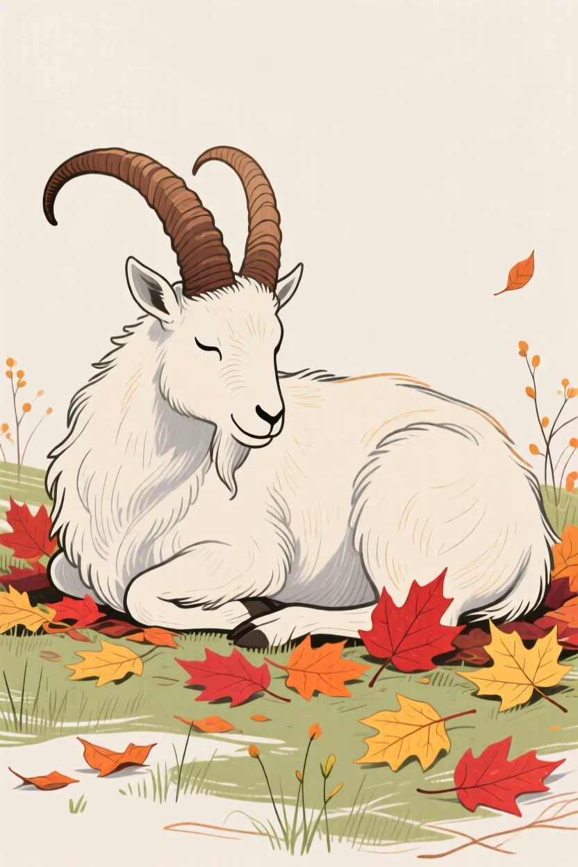 A mountain goat curled up together among autumn leaves in early spring.