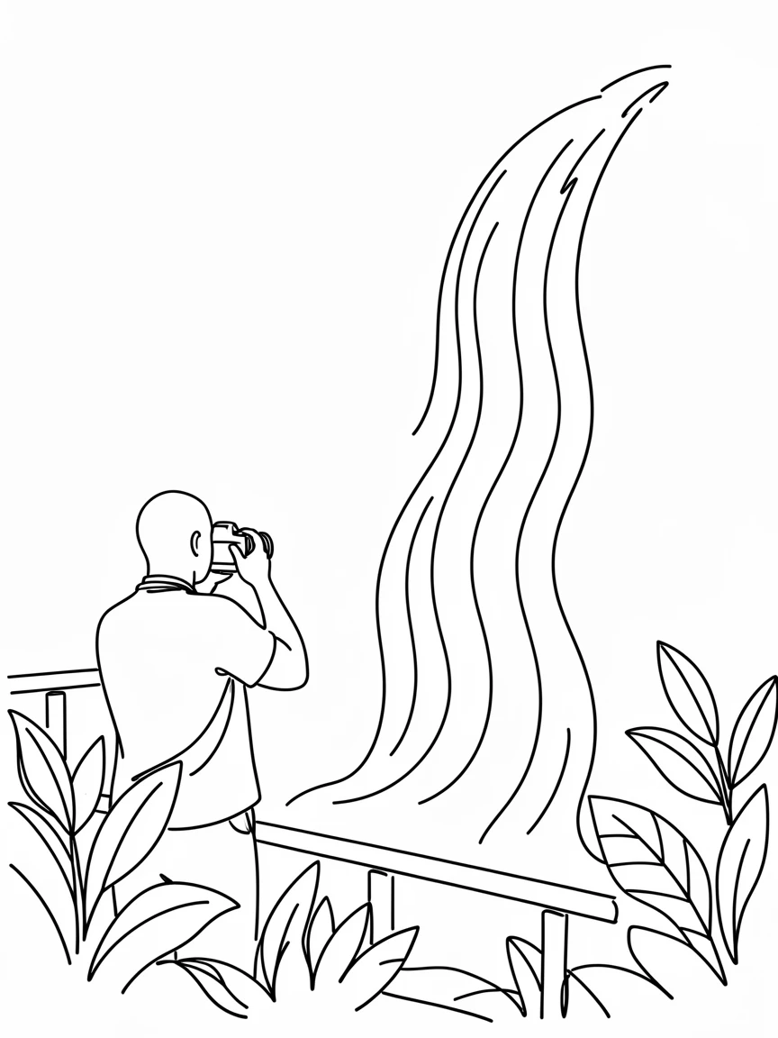 A traveler photographing a dramatic waterfall from a jungle viewpoint