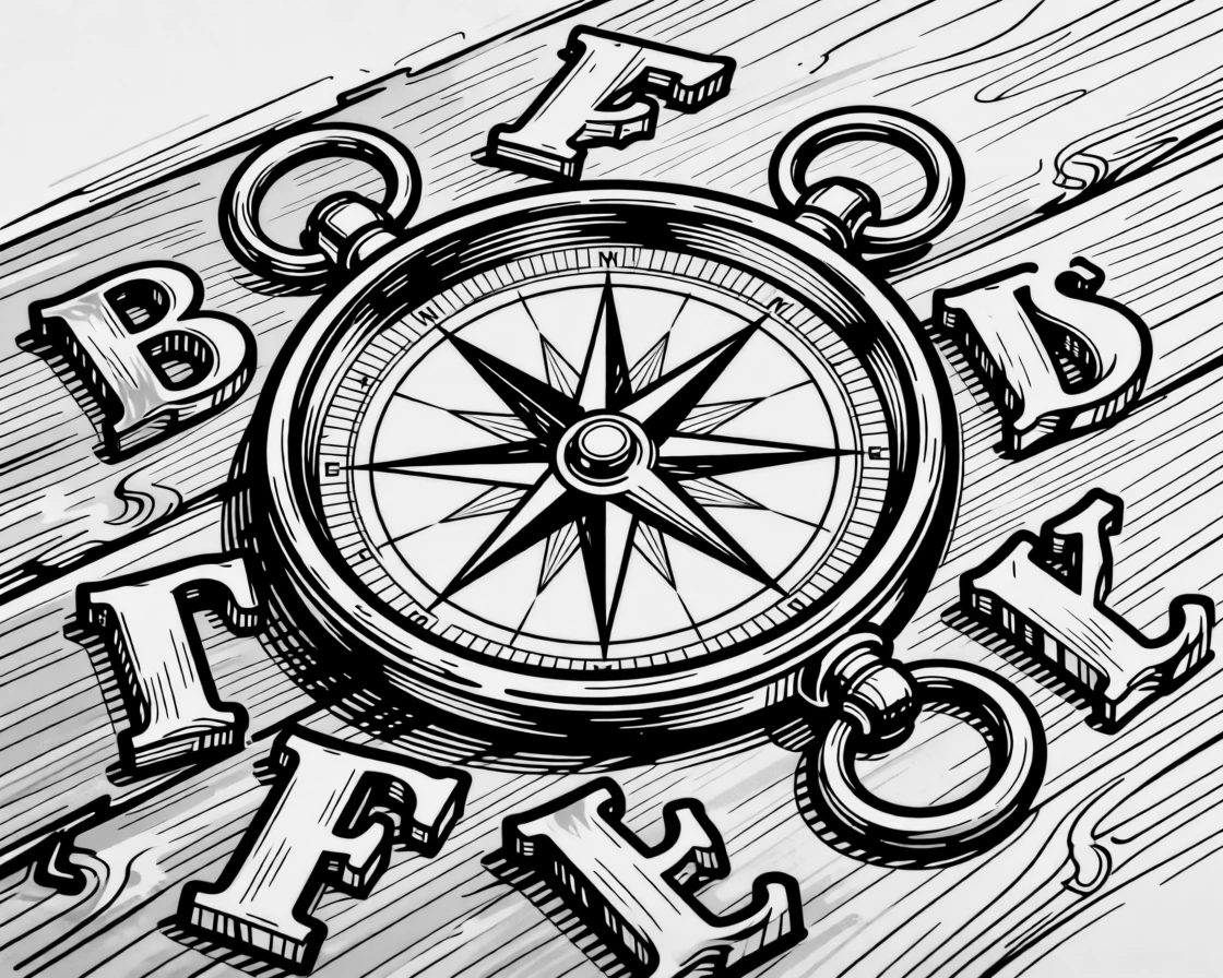 A vintage compass and old letters resting on a weathered wooden desk.