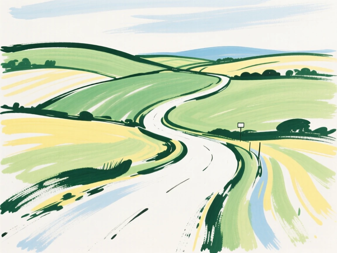 A quiet country road winding past rolling green farmland.