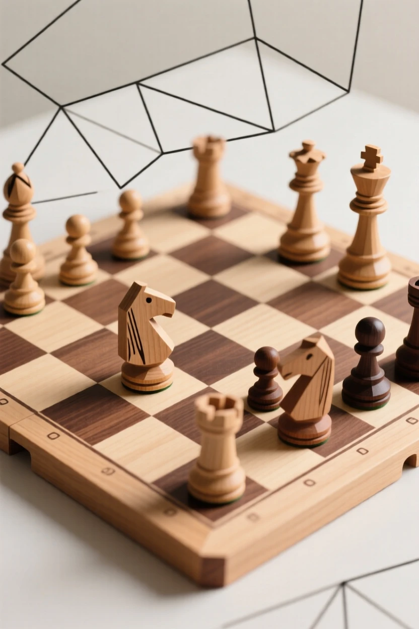 A hand-carved wooden chess set mid-game