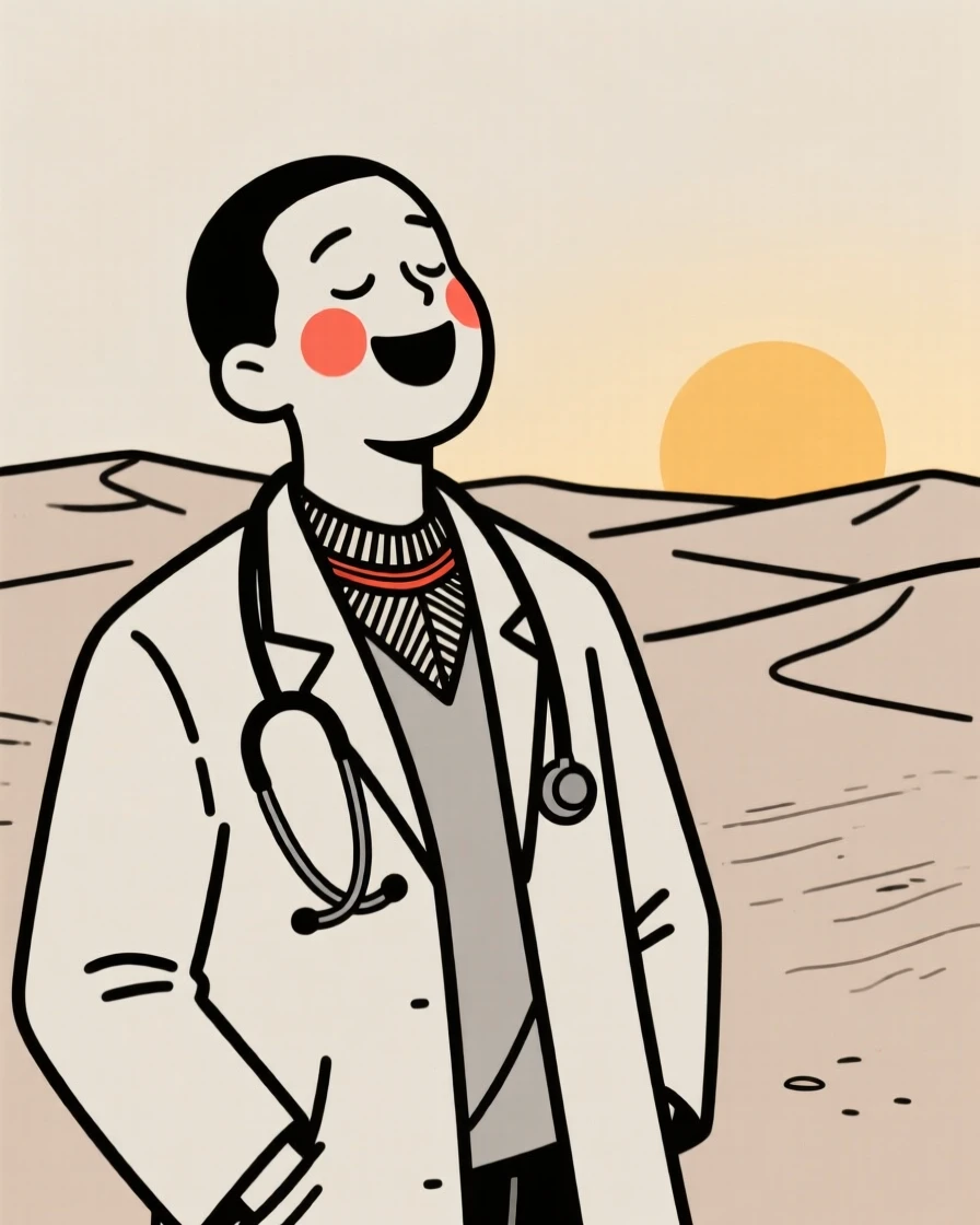 A doctor of nigerian heritage taking a quiet break, laughing with eyes closed, in a desert at golden hour.