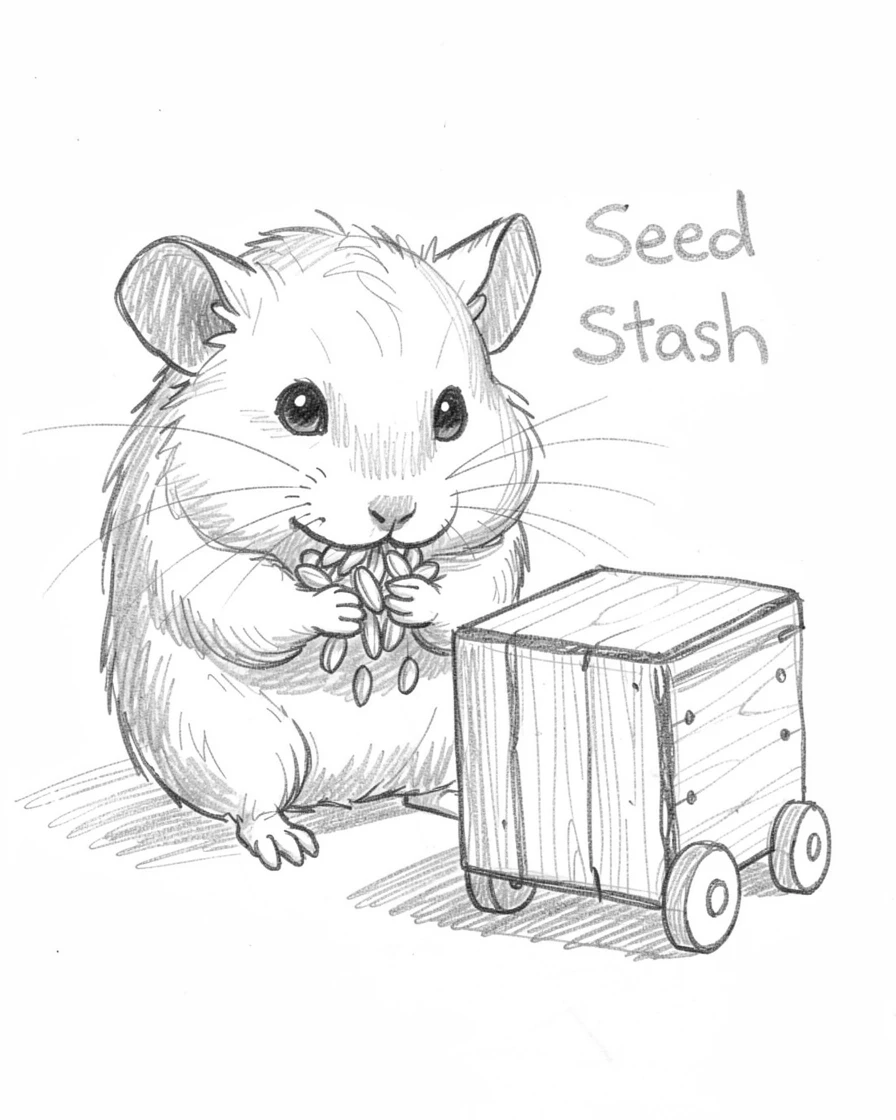 A charming close-up of a tiny hamster stuffing its cheeks with seeds beside a small wooden toy, looking utterly adorable and at ease.