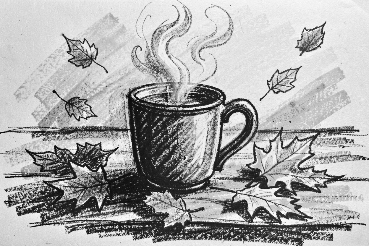 A cozy autumn scene with a steaming mug and falling leaves, as golden afternoon sun spills across the scene.