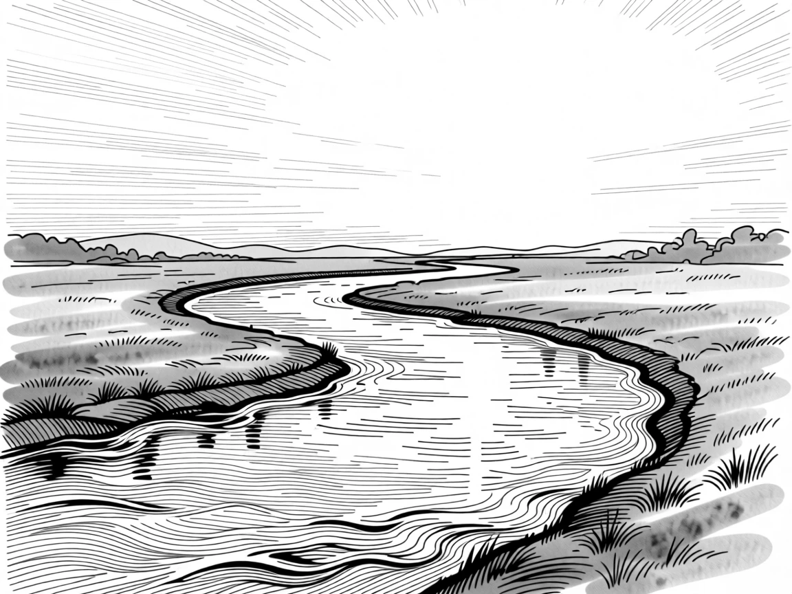 A winding river reflecting a brilliant sky, flowing endlessly toward the horizon.