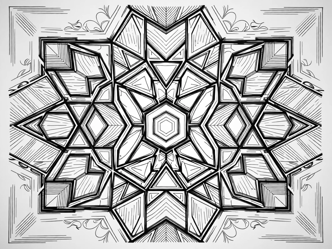 A geometric pattern inspired by stained glass windows composed with careful geometric precision, with small flourishes filling the negative space, forming an elegantly decorative composition.