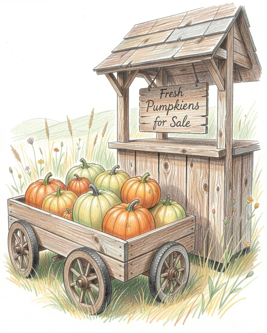 A countryside pumpkin cart parked beside a rustic farm stand, with delicate details that reward a closer look, evoking warmth, beauty, and a lasting sense of wonder.