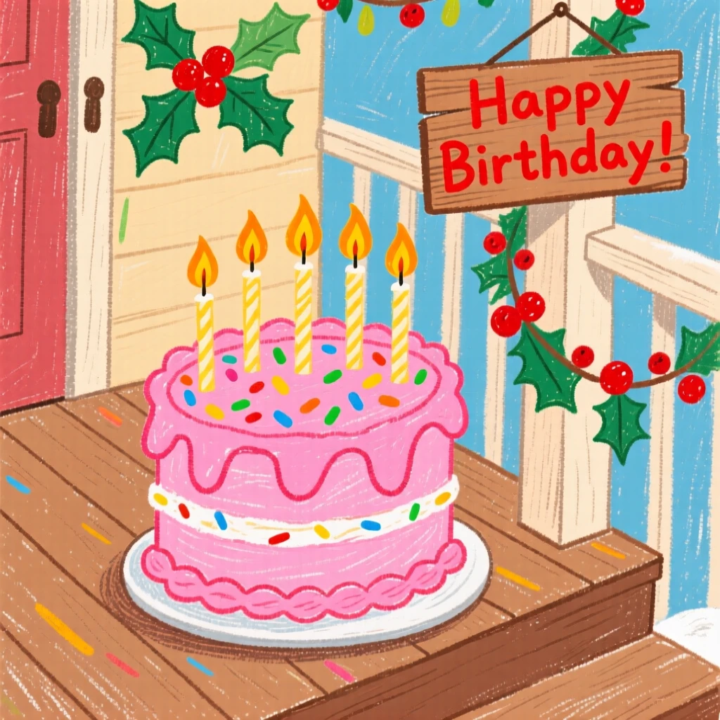 A birthday cake with lit candles set on a porch decorated for the season.