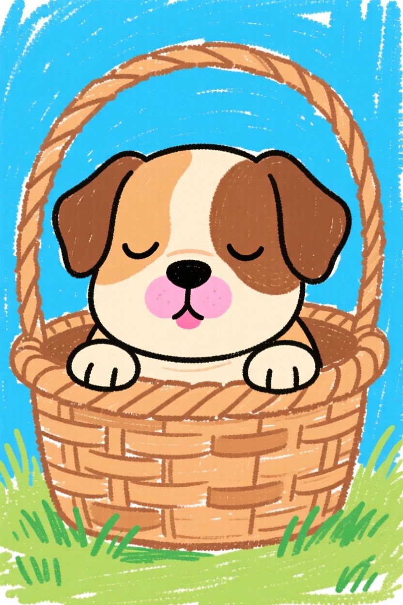 A sleepy bulldog puppy peeking out of a wicker basket.