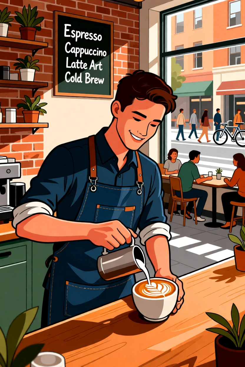 A stylish barista crafting latte art in a trendy coffee shop, set against a backdrop of a lively city street, composed with warm natural light and relaxed framing, with a sense of community and connection in every detail.
