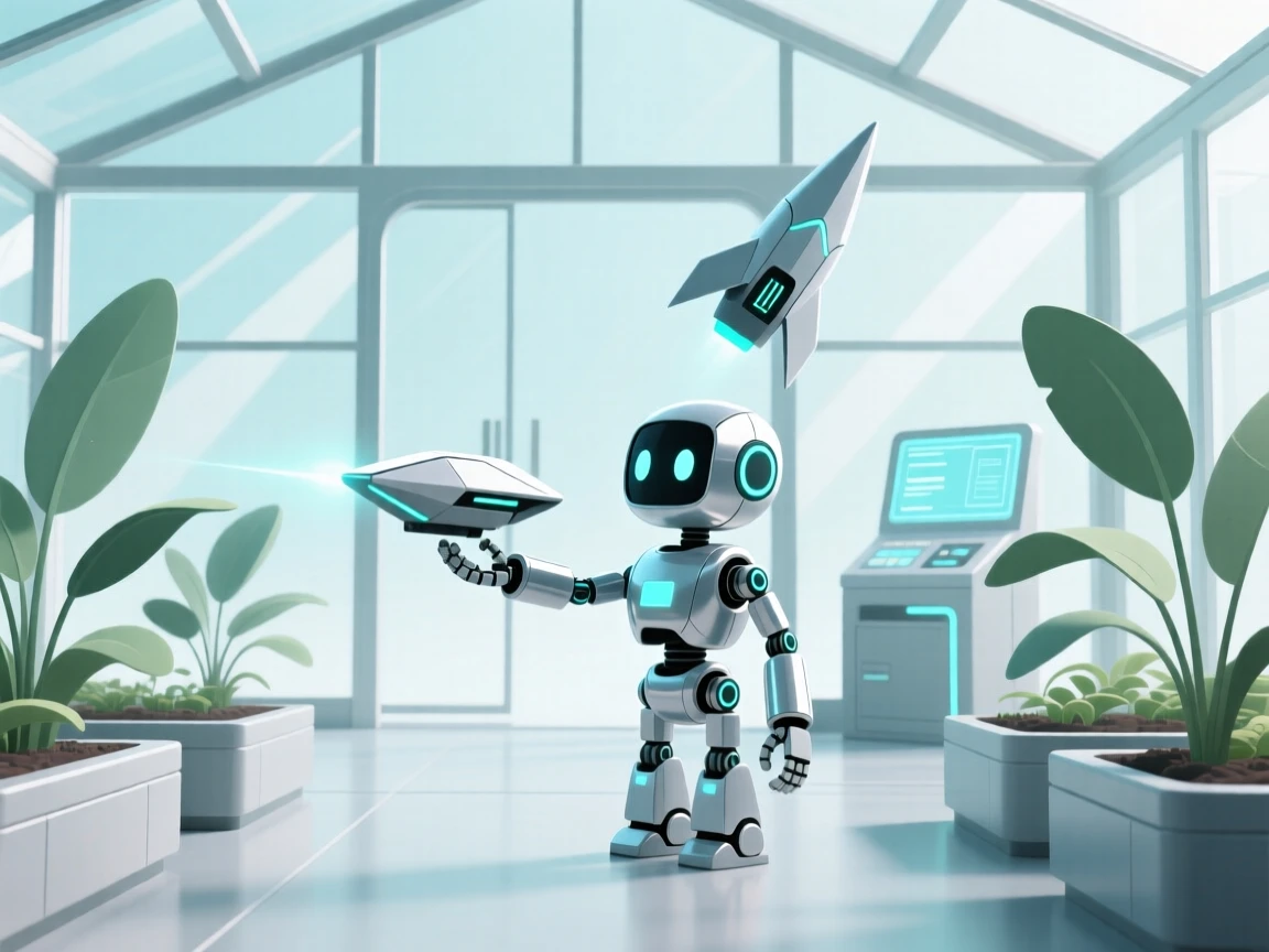 A small robot launching a prototype in a futuristic greenhouse.