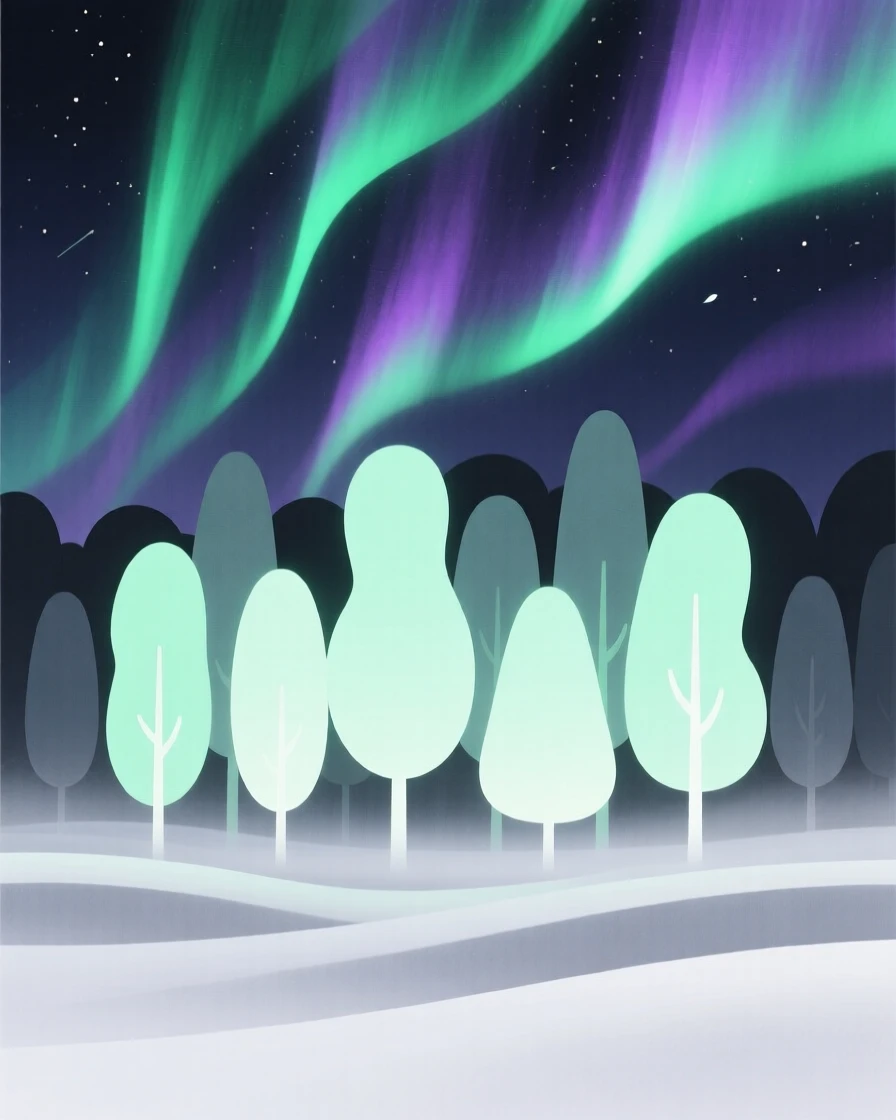 A dreamlike forest where the trees glow softly at night rising from a mist-covered valley, filled with ribbons of aurora light, evoking whimsical fantasy.