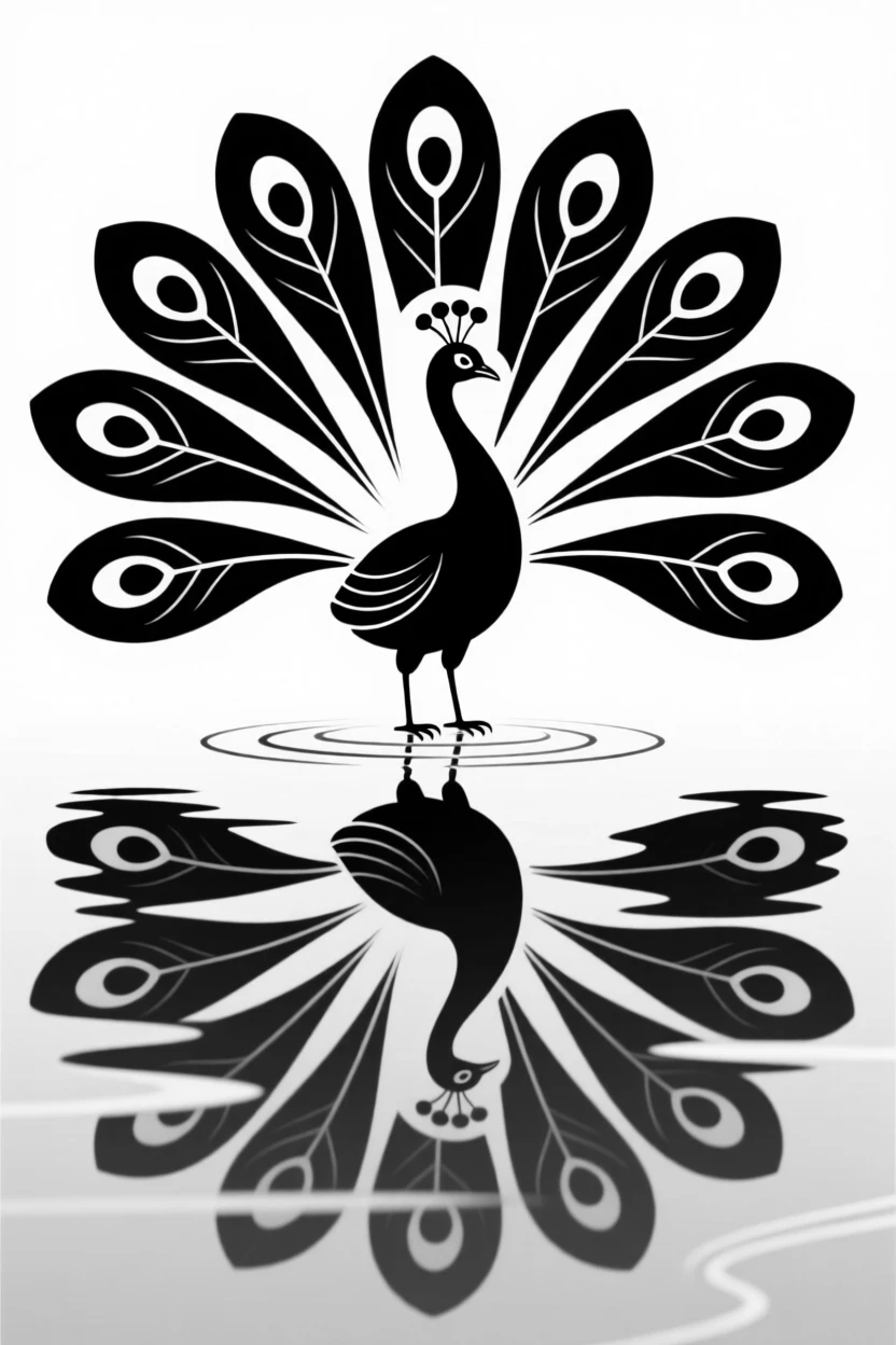 A peacock with its tail fanned open reflected in still water.