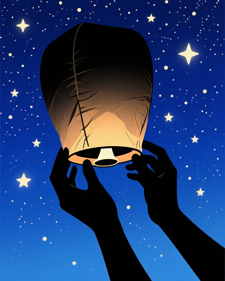 A pair of hands releasing a wish lantern into a starry night sky.