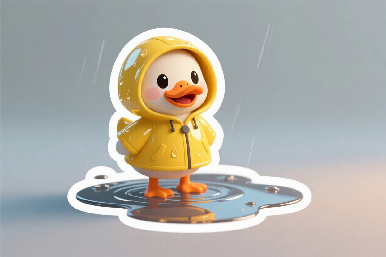 An instantly mood-lifting duck wearing a tiny raincoat in a puddle, framed in soft cozy lighting, the kind of wholesome scene that brightens a day.