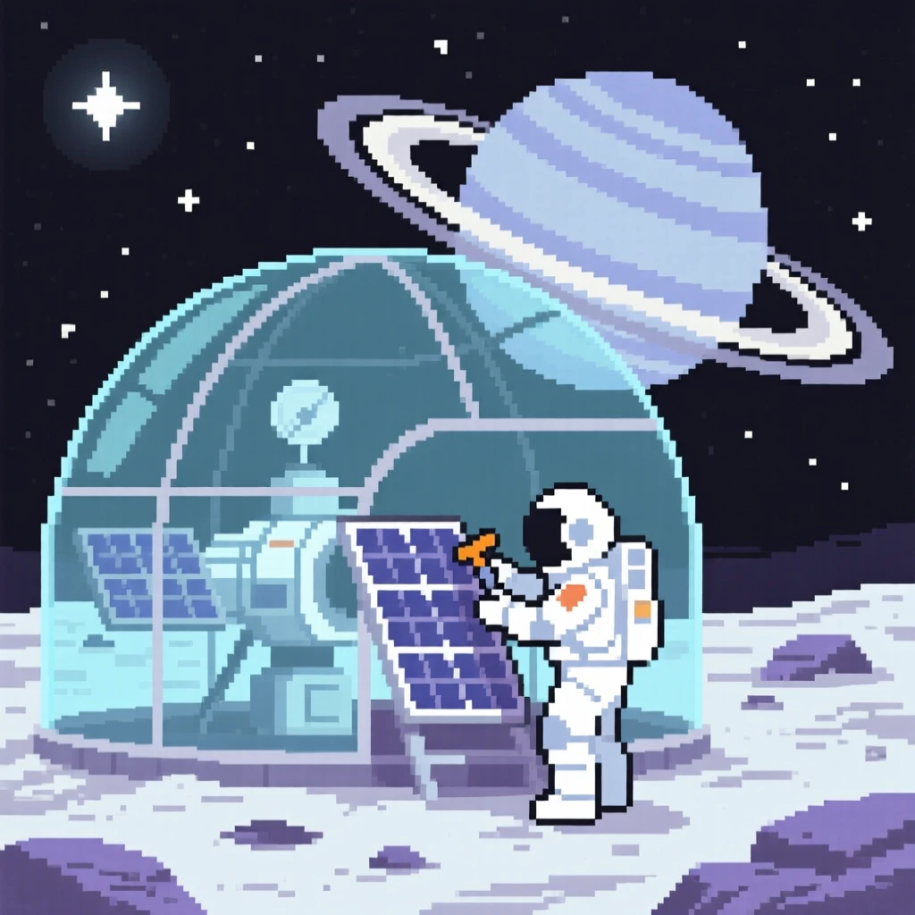 A space station orbiting a ringed planet repairing a solar panel under starlight, within a greenhouse dome on the moon.