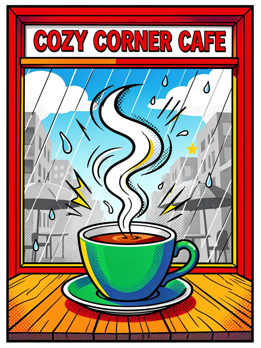 A rainy day scene viewed through a cafe window with steaming tea