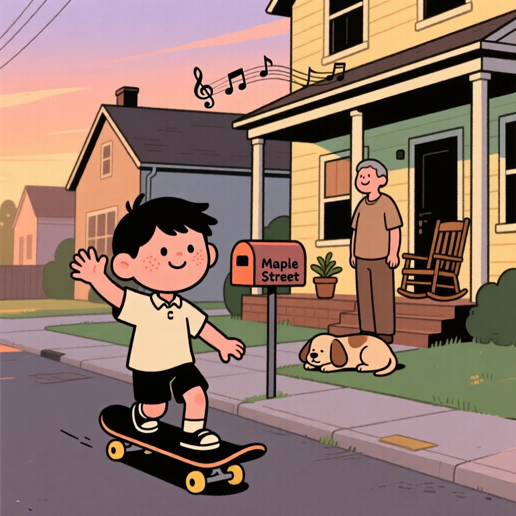 A child rides a skateboard down a quiet suburban street on a warm summer evening, waving to a neighbor as someone humming a tune drifts from a nearby porch.