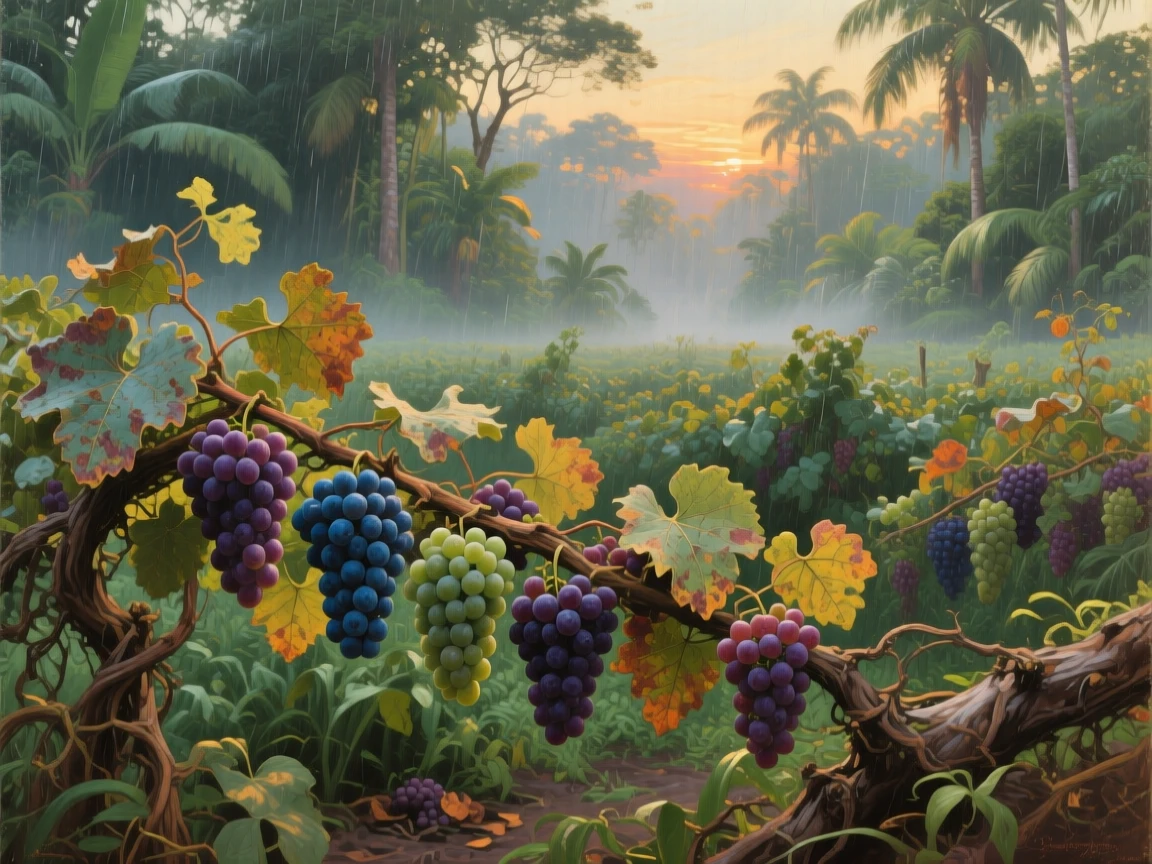 A wide establishing shot of grapevines heavy with fruit ready for the autumn harvest, in the Amazon rainforest, just after sunrise.